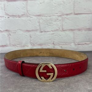 Gucci Embossed Red Leather Gg Marmont Belt 370543 85/34